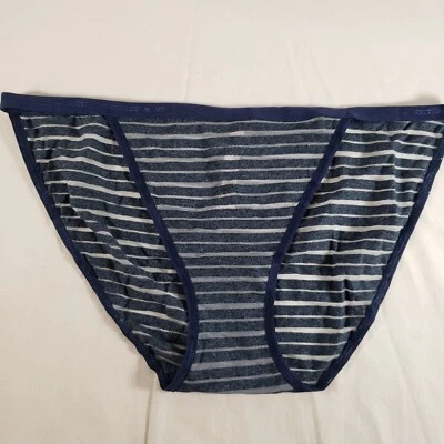 Victoria's Secret String Bikini Extra Large Blue Gray Sheer Stripe Cotton Blend - Image 1 of 4