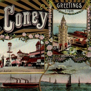 c1909 Greetings Coney Island Postcard Multiview Theochrom Gilt Dreamland VTG NY - Imagen 1 de 3