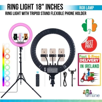 LED Ring Light With Tripod Stand Flexible Phone Holder 18 Inches RGB Lights - Image 1 of 3
