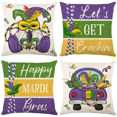 Mardi Gras Pillow Covers Beads Bling Gnomes Truck Cushion Cases 18x18 Set of 4 - Image 1 of 4