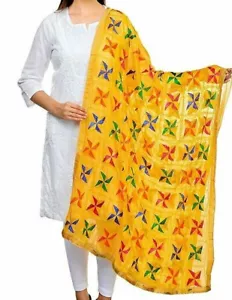 Women Chiffon Dupatta Indian Stole Wrap Heavy Embroidered Fulkari Yellow Chunni - Picture 1 of 1