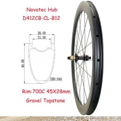700C Gravel Road Bike Rear Wheelset Carbon Rim 45mm*28mm 24Holes Tubeless  - Image 1 of 4