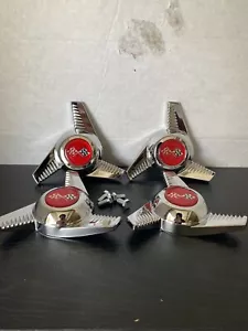 (4) 3 BAR FLUTED SPINNERS BOLT STUD MOUNT KNOCKOFF CENTER CAPS,RED FLAGS - Picture 1 of 4