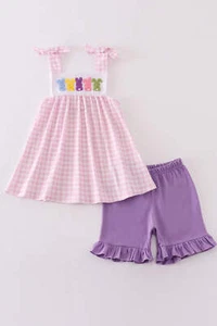 Girl's Boutique Easter Pink Bunny French Knot Two Piece Set Sibling Matching Emb - Picture 1 of 11