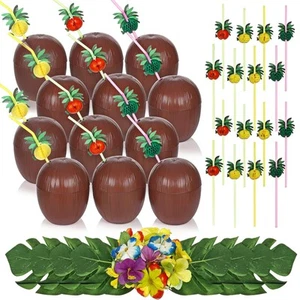 24 Pcs Plastic Coconut Cup for Hawaiian Luau Party 24 Coconut Honeycomb Straw... - Picture 1 of 6