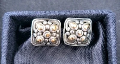 John Hardy Dot Square Sterling Silver 925 & 18K Gold Stud Jaisalmer Earrings - Image 1 of 4