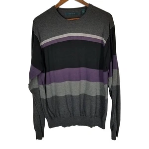Perry Ellis Mens Sweater XL Gray Black Purple Striped Long Sleeve Cotton Blend - Picture 1 of 11