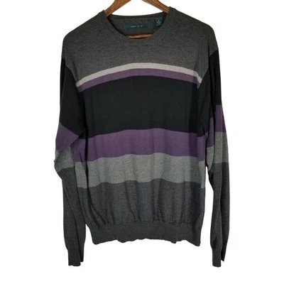 Perry Ellis Mens Sweater XL Gray Black Purple Striped Long Sleeve Cotton Blend - Image 1 of 4