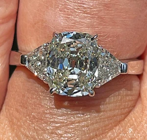Vintage GIA 2.55ctw Antique Cushion Cut Diamond 3 Stone Engagement Platinum Ring - Picture 1 of 20