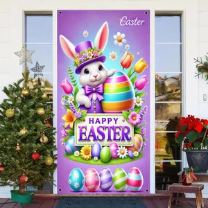 Happy Easter Door Cover Bunny Door Banner Backdrop Easter Egg Decoration for Spr - Picture 1 of 6