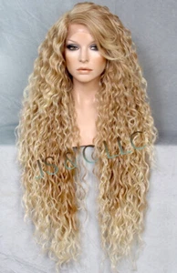 Human Hair Blend Full Lace Front Wig  Wavy Blonde mix Heat OK WBSM T27-613 - Picture 1 of 5