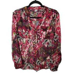 Jockey Womens Sz S Red Geometric Long Sleeve Blouse - Picture 1 of 12