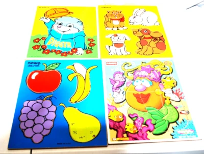 4 Vintage Playskool Wooden Tray Puzzles Fruits, Animals, Digger Mrs. potato Head - Image 1 of 4