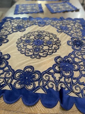 home decor table covers 4 pieces set Velvet Tablecloth Blue - Image 1 of 4