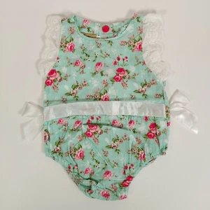Atpapa Catpapa Size 70 (0-6 Months) Baby Girl Romper Mint Green Floral w/ Lace - Picture 1 of 4