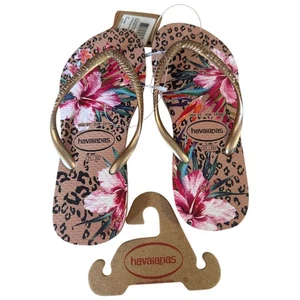 Havaianas Flip Flops Mädchen US 2Y / EU 33-34 Rosa Blumen Leopard Gold Neu mit Etikett - Bild 1 von 5