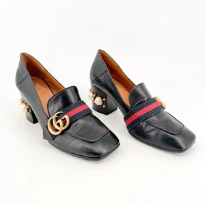 Gucci Peyton GG Pearl Loafer Pumps EU 37.5 US 7.5 Black Leather Block Heel Logo - Picture 1 of 13