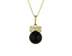 14K Yellow Gold Bow Tie Onyx CZ Pendant Necklace Rope Chain - Picture 1 of 3