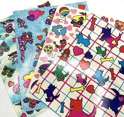 4 Folhas Adesivos Lisa Frank 1989 Unicórnios Borboletas Scottie Cães Poodles Urso - Imagem 1 de 4