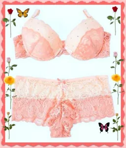 $50 36B Rosa Crema BLING Encaje Completo Almohadilla Ligera UW Sujetador M Hipster JUEGO DE BRAGAS YMI - Imagen 1 de 9