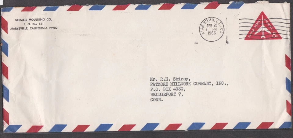 USA 1966 ADVERTISING COVER SEMANS MOULDING CO MARYSVILLE CA TO BRIDGEPORT CT - Image 1 of 1
