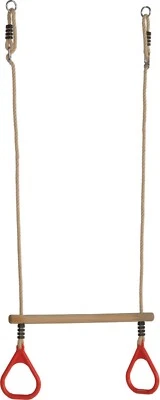 WOODEN TRAPEZE BAR WITH RED GYM RINGS +ROPES FOR GARDEN SWINGS-BNIB- FREEPOST - Image 1 of 2