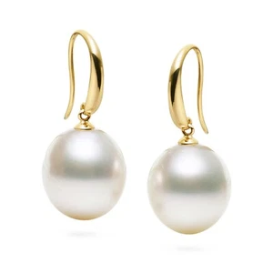 Big White 12.1×13.2MM Australian South Sea Pearl Earrings 14K Solid Yellow Gold - Picture 1 of 8