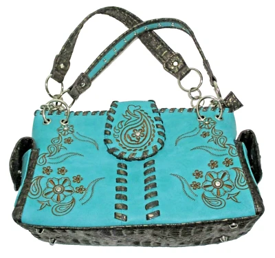 ENVY Cartera de Cuero Turquesa Bordada Piedra Oculta Cartera de Transporte Nueva sin Etiquetas Foto 1 de 4