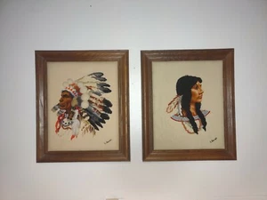 Pair Vintage Crewel Native American Indian Framed Embroidery Art Needlework - Picture 1 of 12