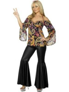Ladies Hippy Woman Costume 60s 70s Fancy Dress Groovy Flares Womens Hippie - Picture 1 of 1