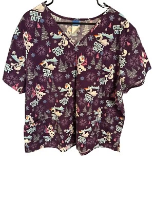 Disney Olaf  Winter Chill Out  Scrub Top, Size 3X V-neck, 3 Pockets Uniform - Image 1 of 4