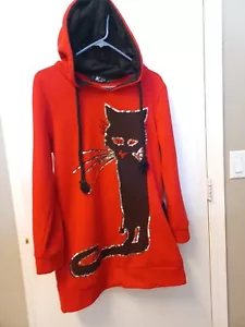 Cat Lovers Long Red Hoodie Jacket Sz M Womens Sequuin Framed Appliqué W Pockets - Picture 1 of 3