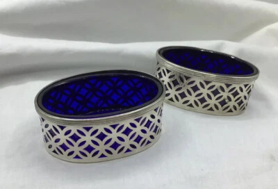Vintage Pair Salt Cellars Sterling Silver & Cobalt - Image 1 of 4