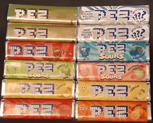 12 PACKS PEZ CANDY REFILLS - 10 DIFFERENT FLAVORS! MYSTERY? & GOLD BARS - Picture 1 of 2
