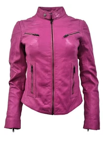 Women's Retro Pink Vintage Classic Leather Slim-fit Biker Jacket - Picture 1 of 3