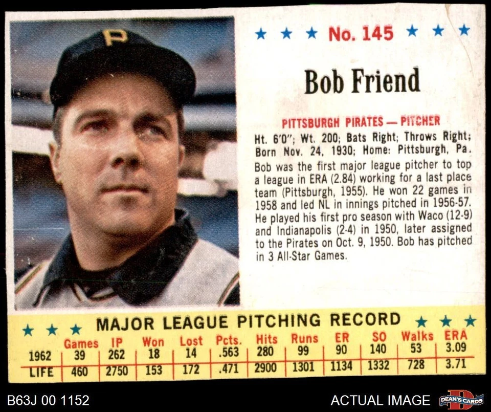 1963 Jello #145 Bob Friend Pirates 3 - VG - Image 1 of 1