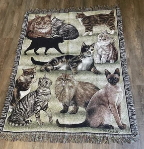 Vtg Pat Cockrell Cat Collage Tapestry Throw Blanket Wall Hanging 50"x 60" Cotton - Picture 1 of 8