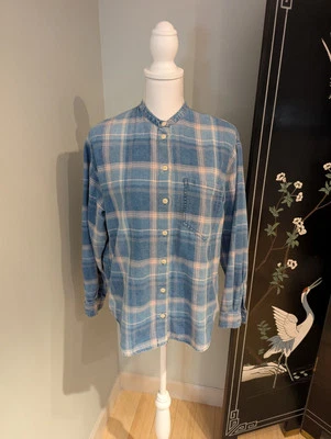Vtg 90s Liz Wear Women's M Blue Plaid Denim Chambray Collarless Button Up Shirt  - Image 1 of 4