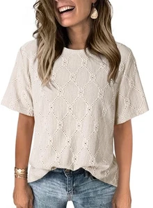 Womens Tops Summer Round Neck Eyelet Embroidered Hollow Out Shirt Short Sleev... - Picture 1 of 5
