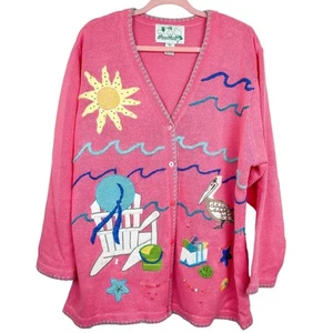 The Quacker Factory Sweater Vintage Beach Summer Scene Cardigan Sequin Pink - Picture 1 of 4