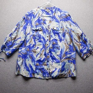 JM Collection Shirt Womens 18W Blue Brown Abstract Art Linen Travel Resort Top - Picture 1 of 10