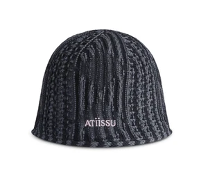 ATIISSU Squeeze Bucket Hat Gray | Cotton Mesh Stripe Knit Dome Hat with Logo - Picture 1 of 2