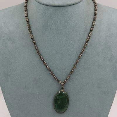 Colar de prata esterlina 925 verde malaquita cabochão pingente corrente incomum 18" - Imagem 1 de 4