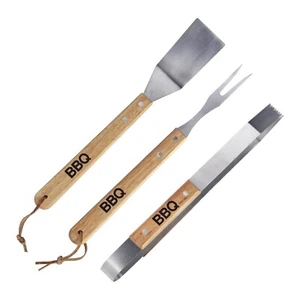 3 STCK. GRILLWERKZEUGE EDELSTAHL/EICHE SPACHTEL GABEL ZANGE SCHWERLAST BBQ SET UK - Bild 1 von 5