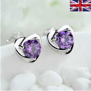 Womens Girls 925 Sterling Silver Crystal Swirl Amethyst Stud Earrings Jewellery - Picture 1 of 6