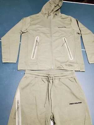 Conjunto de sudadera con capucha y jogger verde oliva con cremallera completa ropa deportiva rosa Dolphin Script para hombre Foto 1 de 4