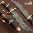 Handmade Damascus Steel Big Hunting Bowie Knife With Horn Handle Leather Sheath