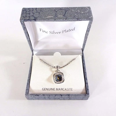 Marcasite Pendant Necklace Silver Plated Setting New In Box - Image 1 of 4