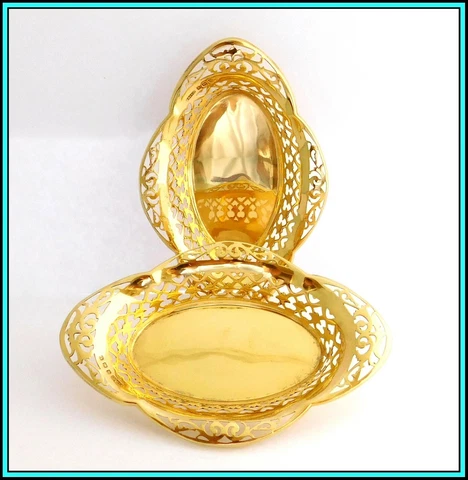 STERLING SILVER GILT: Pair of Pierced Oval Nut Dishes - Blanckensee & Sons 1918 Cover