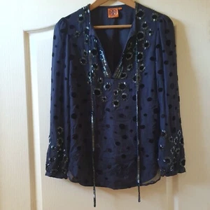 Tory Burch Angela Silk Beaded Top Black Velvet Dots Embellished Size 0 UK 4 - Picture 1 of 15